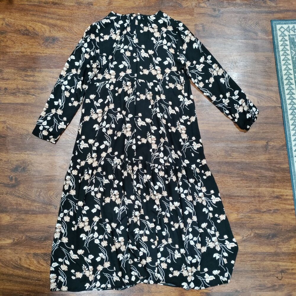 Porter Grey Long Sleeve Pleated Floral Whimsy Prairie Midi Sundress Black/Pink M - Picture 5 of 11